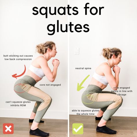 Don't mess up your #squatform with this mistake! Grow your glutes by using correct squat form. #biggerglutes #bootyexercises #glutes Squats To Target Glutes, Grow Your Flutes At Home, Squats To Grow Glutes, Glute Squat Workout, Squat Correct Form, Better Squat Form, Good Squat Form, Flute Workout With Weights, Glute Squat Form