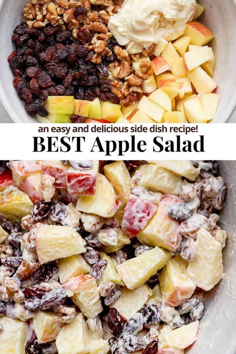 Apple Salad - Our simple and delicious Apple Salad Recipe only requires 4 simple ingredients and is perfect for a side dish or quick lunch! #applesalad #applesaladrecipe #applesaladrecipeeasy #applesaladrecipehealthy #applesaladideas Apple Yogurt Salad, Fresh Apple Salad Recipes, Apple Salad Recipe Waldorf, Apple Salad Recipe Easy, Apple Salad Recipe Healthy, Easy Apple Salad, Apple Fruit Salad, Apple Salad Recipe, Amazing Salads