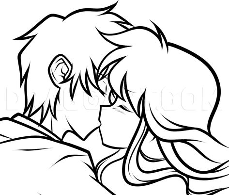 How To Draw A Valentines Couple, Anime Kiss, Step by Step, Drawing Guide, by Dawn | dragoart.com Anime Couple Drawing Base Easy, Couple Anime Sketch Ideas, Cute Anime Couple Coloring Pages, Chibi Couple Drawing, Hugging Sketch, Drawings Of People Kissing, Couples Kissing Drawing, Drawing Chibi, Kissing Drawing