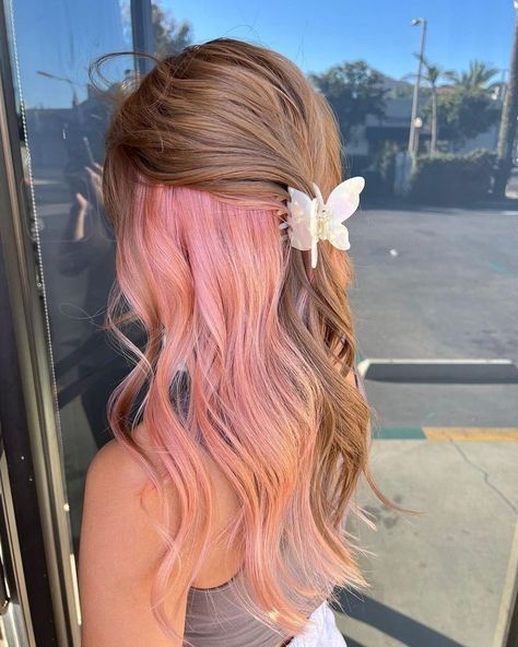 Under Part Of Hair Dyed Pink, Pink Peekaboo On Blonde Hair, Soft Pink Peekaboo Hair, Dyed Hair Ideas For Blondes, Under Pink Hair Dye, Rose Gold Hair Peekaboo, Peekaboo Hair Color Pink Blonde, Light Brown Hair With Colorful Highlights, Brown Hair Dye Ideas Coloring