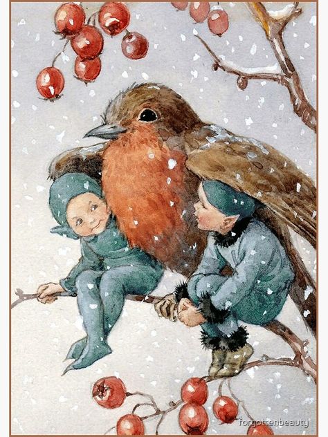 "Christmas Elves Sheltering with a Robin - Margaret Tarrant" Greeting Card by forgottenbeauty | Redbubble Margaret Tarrant, Illustration Kunst, 동화 삽화, A Robin, Christmas Elves, Vintage Christmas Card, Illustration Noel, Cat Air, Images Vintage