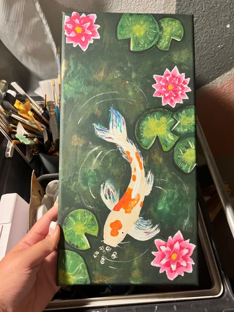 #painting #koifish #green #lotus Koi Fish With Lilly Pads Painting, Canvas Fish Painting, Koi Fish With Lilly Pads Drawing, Painting Inspo Beginner, Koi Pond Painting Acrylics, Coi Fish Painting Acrylic Easy, Koi Fish Painting Tutorial, Koy Fish Paintings, Painting Ideas Koi Fish