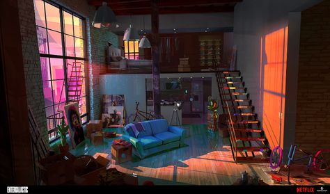 Art Studio Concept Art, Entergalactic Movie Apartment, Entergalactic Netflix Apartment, Entergalactic Netflix Concept Art, Studio Apartment Concept Art, Entergalactic Netflix Aesthetic, Apartment Concept Art, Entergalactic Netflix Art Wallpaper, Entergalactic Jabari