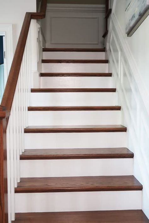 How-To Prep and Paint Stained Stairs White Stairs Painted White, Stained Stairs, Stained Staircase, Painted Wood Stairs, White Stair Risers, Painted Stair Risers, Stairs White, Entrance Stairs, Stairs Makeover Design