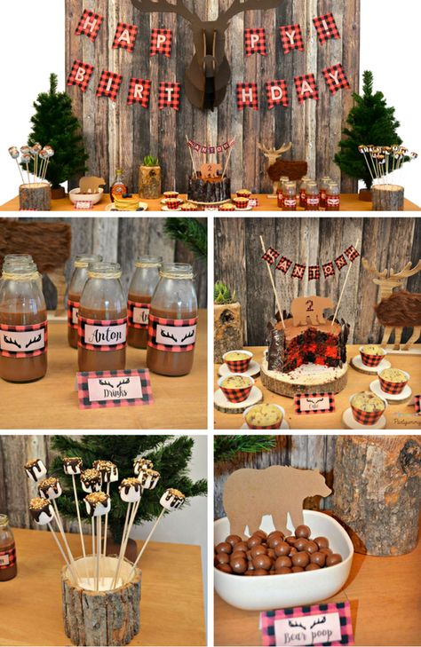 Lumberjack Birthday Party Lumberjack Birthday Party Food, Birthday Party Ideas Themes, Campfire Birthday, Moose Birthday, Party Ideas Themes, Lumberjack Party Decorations, Birthday Party Food Ideas, Camping Theme Birthday, Lumberjack Birthday Party