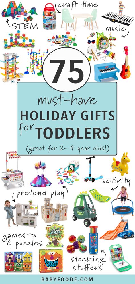 These 75 Must-Have Holiday Gifts for Toddlers are so amazing they are going to blow your toddler’s little mind! Find the best gifts and ideas for toddlers ages 2-4 in 7 different categories - STEM, crafts, music, pretend play, active, games & puzzles, and stocking stuffers. Consider your holiday shopping done! #giftguide #toddlers #christmas #holidays Christmas Presents For Toddlers, Toddler Gift Guide, Toddler Stocking Stuffers, Best Toddler Gifts, Gifts For Toddlers, Toddler Christmas Gifts, Top Christmas Gifts, Toddler Boy Gifts, Stem Crafts