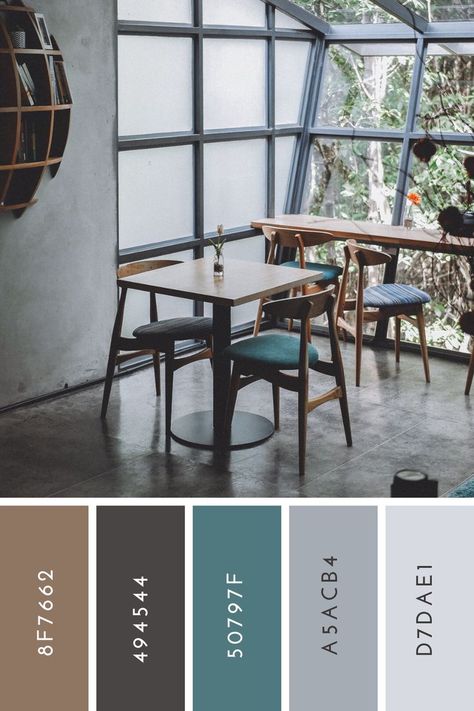 Cafe Interior Design Concept, Mid Century Modern Cafe, Modern Cafe Interior Design, Cafe Interior Design Ideas, Color Palette Interior Design, Midcentury Interior, Modern Coffee Shop, Wall Color Combination, Bakery Interior