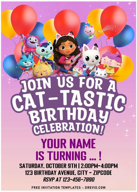 Nice (Free Editable PDF) CAT-TASTIC Gabby's Dollhouse Birthday Invitation Templates Explore my latest design for unarguably cute “Gabby’s Dollhouse Birthday Invitation”.           The main characters from Gabby’s Do... Gabby Cat Birthday Invitation, Gabby Doll House Invitation, Gabby’s Dollhouse Invitation, Free Gabby Dollhouse Printables, Gabbys Dollhouse Invitation Free, Gabbys Dollhouse Birthday Party Invitation, Gabby Party, Gabby Cat, Dollhouse Crafts