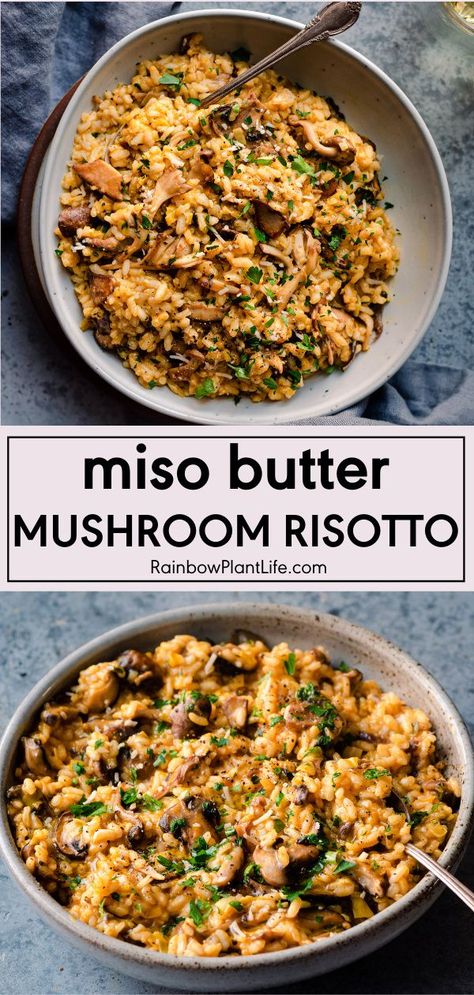 Miso Butter Mushroom Risotto | Rainbow Plant Life- This is the best vegan mushroom risotto you'll try. It's creamy and velvety and packed with umami, thanks to miso butter mushrooms. It tastes just like classic risotto but is dairy-free and vegan. Click for the recipe! Classic Risotto, Thrive Diet, Vegan Mushroom Risotto, Butter Mushrooms, Rainbow Plant Life, Miso Recipe, Miso Butter, Vegan Mushroom, Mushroom Risotto