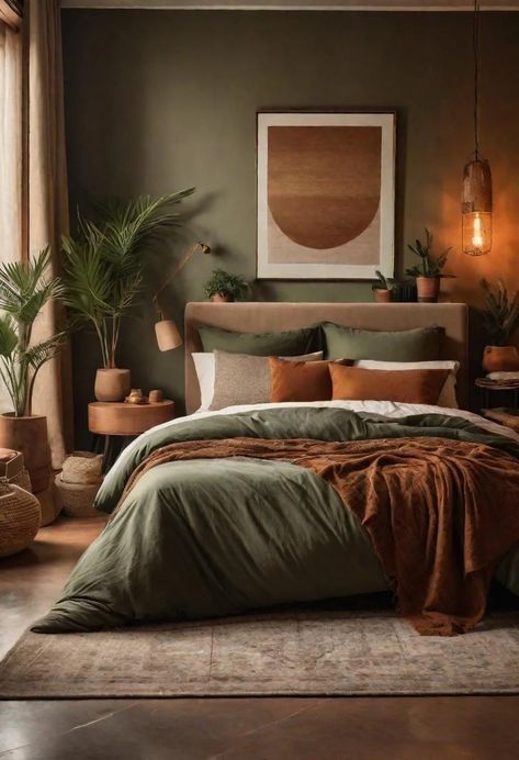 36 Earthy Bedroom Ideas for a Serene Space 16 Bedroom Color Small Room, 2 Bedroom Decor Ideas, Modern Bedroom Green Bedding, Earth Tone Master Bedrooms Decor, Natural Light Bedroom Ideas, Green Room Bedding, Couples Bedroom Ideas Apartments Cozy, Decorating Over Bed, Earthy Aesthetic Home