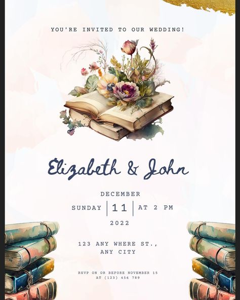 Getting married and need book-themed invitations? You might need these! Beautiful watercolors and books on these digital designs are totally customizable! https://bookbends.etsy.com/listing/1432121557 Book Lover Wedding, Book Theme Wedding, Book Themed Wedding Invitations, Bookish Wedding, Book Lovers Wedding, Wedding Library, Lover Wedding, Book Themed Wedding, Stacked Books