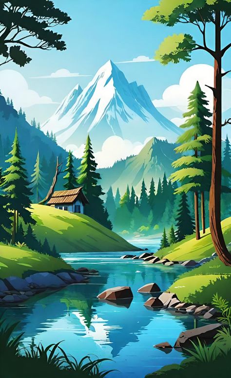 Nature landscape illustration Nature Illustration Landscapes, Digital Painting Landscape, Acton Academy, Canva Background, Green Nature Wallpaper, Best Nature Wallpapers, Poster Drawing, Nature Posters, Floral Elements