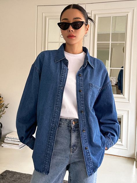 Medium Wash Casual Collar Long Sleeve Denim Plain Other Embellished Non-Stretch  Women Clothing Demin Outfit, Kemeja Jeans, Outfits Con Camisa, Denim Shacket, Patched Denim, Camisa Jeans, Daily Outfit Inspiration, Jeans Shirt, Everyday Fashion Outfits