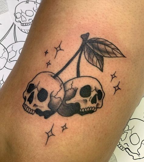 Cherry Skull Tattoo, Skull Cherries, Small Skull Tattoo, Coffin Tattoo, Tato Tradisional, 16 Tattoo, Cherry Tattoos, Goth Tattoo, Wicked Tattoos