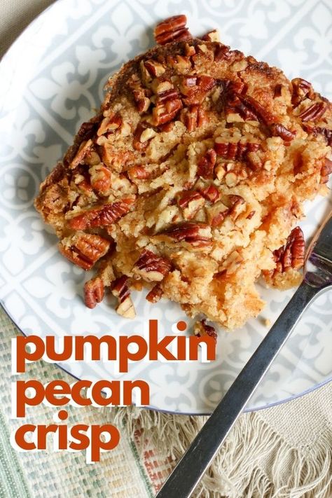 This Pumpkin Pecan Crisp is the very essence of a delicious fall dessert! The flavors of pumpkin, vanilla, and cinnamon highlight a yellow cake mix topped with the nutty deliciousness of chopped pecans. It is a dessert the whole family will love! Pumpkin Crisp Recipe, Pecan Crisp, Pumpkin Crisp, Pecan Desserts, Pumpkin Pie Mix, Pecan Cake, Thanksgiving Food Desserts, Pumpkin Recipes Dessert, Pecan Recipes