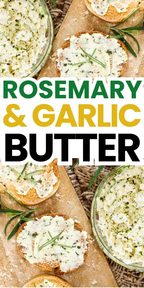 Rosemary and garlic butter spread on slices of bread. Sautéing Vegetables, Garlic Butter For Bread, Garlic Butter Spread, Garlic Butter Recipe, Rosemary Butter, Flavored Butter Recipes, Butter Recipes Homemade, Make Garlic Butter, Homemade Garlic Butter