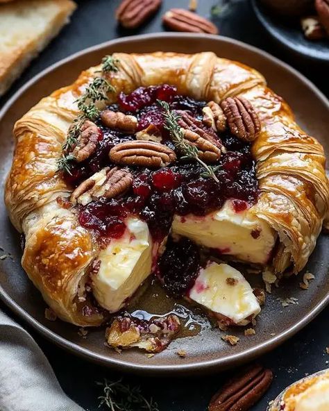 Indulge in creamy baked brie topped with sweet cranberry sauce and crunchy pecans—perfect for a festive appetizer or holiday treat! Baked Brie With Cranberry Sauce, Brie With Cranberry Sauce, Baked Brie With Cranberry, Baked Brie Cranberry, Bake Brie, Lobster Cream Sauce, Melted Brie, Pecan Baked Brie, Gourmet Appetizers