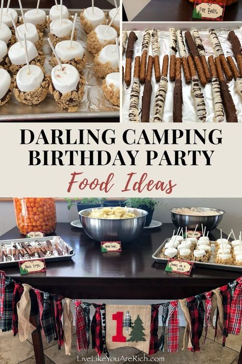 Camping Birthday Party Food Ideas, Camp Party Food Ideas, Campfire Themed Food, Camp Theme Party Food, One Happy Camper Party Food, One Happy Camper First Birthday Food Ideas, Camping Theme Desserts, Camping Birthday Food, One Happy Camper Birthday Food