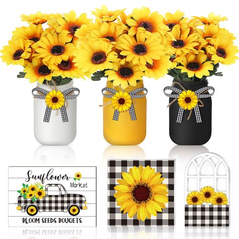 PRICES MAY VARY. Products Content: you will receive 3 pieces of wedding decorations jars in white, yellow and black, 6 bunches of faux sunflowers, 3 perforated sunflower wood pieces, 3 strands of twine and 3 pieces of black and white checked ribbon; There is enough quantity to meet your decoration needs Size Information: these decorative pint canning jars measure about 5.08 x 3.23 inches/ 12.9 x 8.2 cm, have a capacity of about 500 ml/16.9 oz, each piece of sunflower wood slice measures about 1. Sunflower Kitchen Decor Farmhouse, Mason Jar Table Centerpieces, Jar Table Centerpieces, Sunflower Tiered Tray Decor, Sunflower Signs, Sunflower Table Centerpieces, Sunflower Tiered Tray, Summer Table Decor, Wooden Sunflower