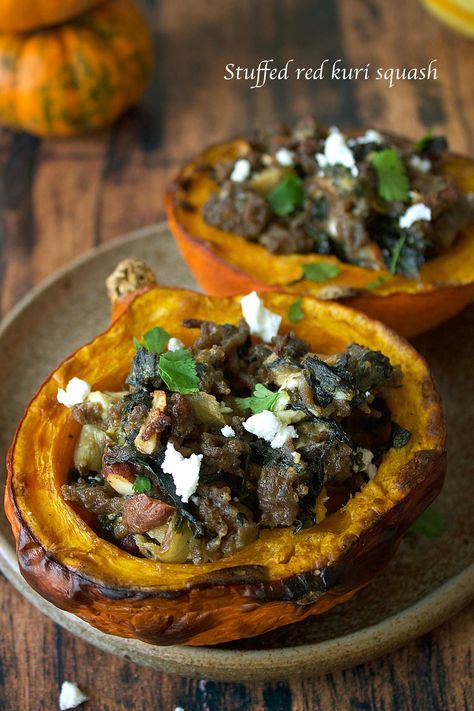 Kuri Squash Recipe, Ground Beef Spinach, Red Kuri Squash, Spinach Feta, Squash Recipe, Garden Recipes, Squash Recipes, Foods With Gluten, Meat Dishes