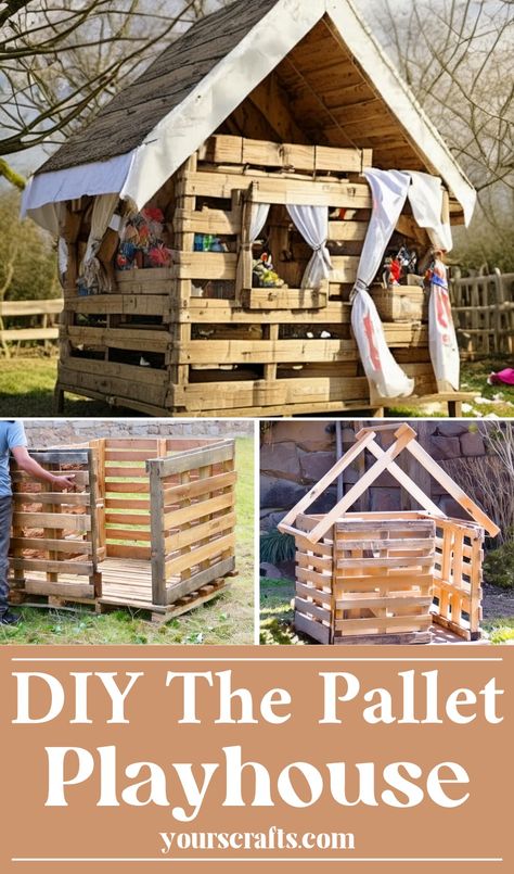 DIY The Pallet Playhouse Playhouse Made From Pallets, How To Build A Playhouse Out Of Pallets, Farm Pallet Projects, Pallet Repurpose Diy Projects, Pallet Playhouse Diy How To Build, Kids Diy Playhouse, Easy Playhouse Diy, Playhouse Pallets Diy, Diy Play Fort Outdoor