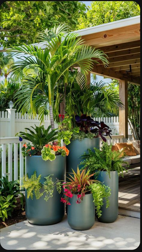 Garden Flower Pot Ideas, Garden With Pots Landscaping, Small Outdoor Patio Ideas Porch Design Potted Plants, Tropical Planter Ideas, Pot Plants Outdoor Patio, Patio Planter Ideas Plant Pots, Tropical Planters, Patio Planter Ideas, Porch Planter Ideas