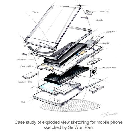 Won Kim on Instagram: “Case study of exploded view drawing for mobile phone design #art #artdrawing #sketch #sketching #design #designsketch #productdesign…” Phone Infographic Design, Product Exploded View, Phone Sketch Drawing, Exploded View Sketch, Exploded Drawing, Sza Album Cover, Phone Sketch, Explosion Drawing, Architecture Sketching