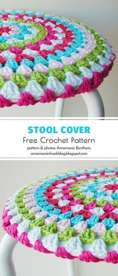 This crochet stool cover is so practical and so incredibly beautiful all at the same time! Can you feel the positive energy coming from these lively colors? If you want to add a little bit of fresh charm to your interiors, this is the pattern you have been looking for.  #freecrochetpattern #stoolcover #homedecor Crochet Stool Cover, Stool Cover Crochet, Furniture Joinery, Crochet Furniture, Crochet Cushion Pattern, Plumbing Pipe Furniture, Crochet Placemat Patterns, Easy Crochet Hat, Crochet Cushion Cover