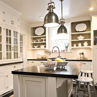 useful shelving Kitchen Island Designs With Seating, White Kitchen Interior, Black Kitchen Countertops, Functional Kitchen Island, Small Kitchen Island, Beadboard Ceiling, Open Kitchen Shelves, Classic Kitchen, Kitchen Island Design