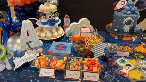 Space Themed Dessert Table, First Trip Around The Sun Candy Table, Space Theme Candy Table, Space Candy Table, Candy Corner Ideas, Space Themed Desserts, Birthday Candy Table, First Bday, Sun Birthday