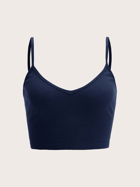 Navy Blue Basics   Viscose Plain Cami Embellished Slight Stretch Summer Women Tops, Blouses & Tee Tank Top Outfits Korean, Blue Tank Top Outfit, Summer Outfits Blue, Navy Blue Crop Top, Top Azul, Top Summer Outfits, Blue Cami, Navy Blue Tank Top, Outfit Korean