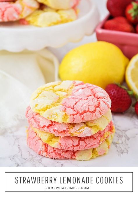 These strawberry lemonade cookies that are drizzled in a delicious icing, are the perfect combination of sweet and sour.  Made using cake mix, these cookies are fast and easy to make! #strawberrylemonadecookies #pinklemonadecookies #strawberrylemonadacakemixcookies #strawberrylemonadecookierecipe #easystrawberrylemonadecookies Strawberry Lemonade Cookies, Pink Lemonade Cookies, Lemonade Cookies, Easy Strawberry Lemonade, Strawberry Lemonade Cake, Lemonade Cake, Coconut Dessert, Cookies Healthy, Brownie Desserts