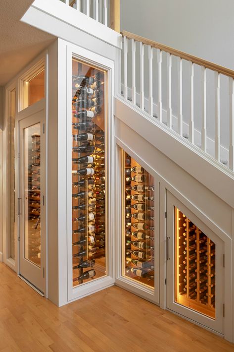 Wine Staircase, Basement Wine Cellar Under Stairs, Wine Cellar Small, Wine Cellar Closet, Wine Cellar Inspiration, Under Stairs Wine Cellar, Wine Wall Display, Wine Storage Wall, Glass Wine Cellar