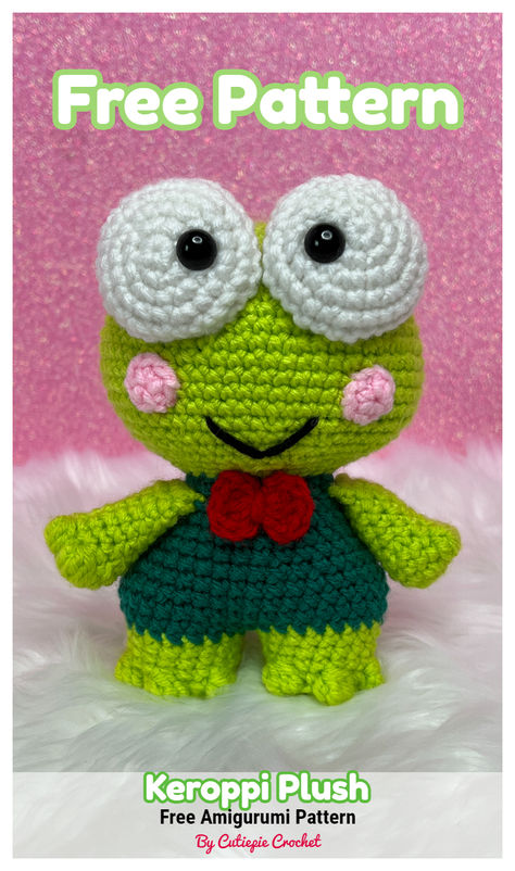 Learn how to make your very own Keroppi plush with this free and easy amigurumi crochet pattern! Crochet Amigurumi Plushies Free Pattern, Keropi Crochet Pattern, Doraemon Crochet Pattern Free, Keroppi Crochet Pattern Free, Free Sanrio Crochet Patterns, Keroppi Crochet Pattern, Crochet Spongebob Pattern Free, Amigurumi Easy Free Pattern, Amiguri Crochet Free Pattern Easy