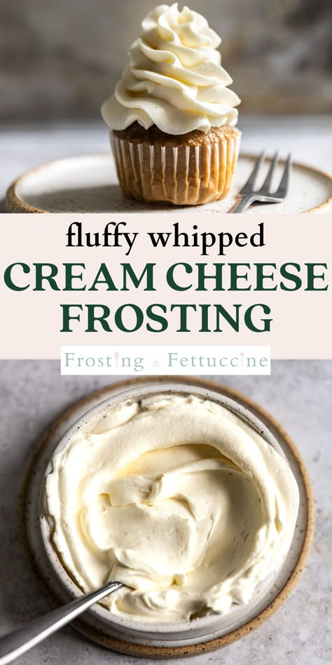 This homemade whipped frosting recipe with cream cheese uses only 4 ingredients to create a light and airy frosting for cupcakes or cakes! It's stable at room temperature and holds it shape for piping, too. This homemade cream cheese frosting is a sweet and tangy frosting perfect for any dessert. How To Make Stiff Cream Cheese Frosting, Cupcake Whipped Cream Frosting, Frosting For Cakes Homemade, Basic Cream Cheese Frosting, Cream Cheese Icing Recipe For Cake, Less Sweet Cream Cheese Frosting, Stable Cream Cheese Icing, Cream Cheese Frosting Recipe For Cake, Whipped Cream Cupcake Frosting