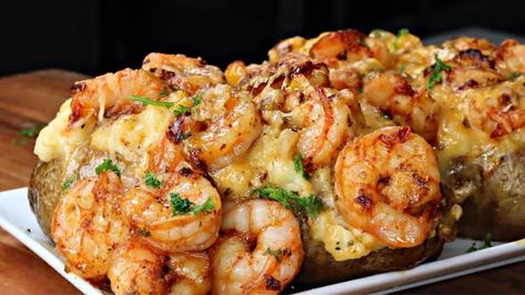 Loaded Shrimp And Broccoli Baked Potato, Stuff Potatoes Recipes Shrimp, Cajun Shrimp Loaded Baked Potato, Bake Shrimp Recipes, Salmon Baked Potato, Loaded Baked Potato Steak And Shrimp, Loaded Baked Potato With Shrimp, Shrimp Potato Salad, Baked Potatoes Recipes Stuffed