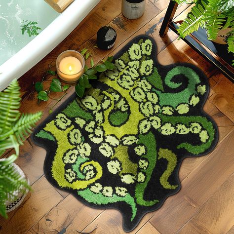 PRICES MAY VARY. 【Gothic Octopus Bath Mat】Enhance the look and feel of your bathroom with our premium tufted octopus bath mat. Designed to bring a touch of gothic and charm to your daily routine, this bath mat combines functionality with novelty style. 【Premium Quality】Crafted with care. Using the special pattern,texture and color of our shaggy octopus into the tufted craft design of the octopus tentacles rug. Our bath mat features a tufted octopus tentacles design that adds a horrific vibe to y Alternative Decor Bedroom, Dnd Inspired Home Decor, Nature Themed Bathroom Decor, Artsy Small Bathroom, Poutpurry Decor, Deep Ocean Decor, Water Inspired Decor, Cute Halloween Apartment Decor, Ocean Apartment Decor