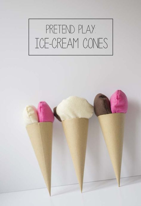 Imaginative Play Crafts: Pretend Ice-Cream Cones Diy Play Ice Cream, Diy Ice Cream Cone, Ice Cream Cone Craft, Play Ice Cream, Ice Cream Crafts, Kids Play Toys, Colorful Ice Cream, Diy Ice Cream, Moms Crafts