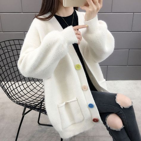 Sweatshirt Cardigan, Korean Cardigan Style, Korean Cardigan Outfits, Korean Casual Outfits Cardigans, Korean Knitted Cardigan, Kawaii Sweaters & Cardigans, Korean Girl Fashion, Kawaii Fashion Outfits, Kpop Fashion Outfits