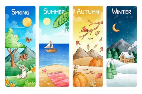 4 Seasons Watercolor Painting, Spring Summer Autumn Winter Drawing, 4 Season Drawing Ideas, 4 Seasons Drawing Ideas, Winter Spring Summer Fall Art, Summer Winter Autumn Spring Four Seasons, Different Seasons Drawing, Summer Season Drawing Ideas, Four Season Illustration