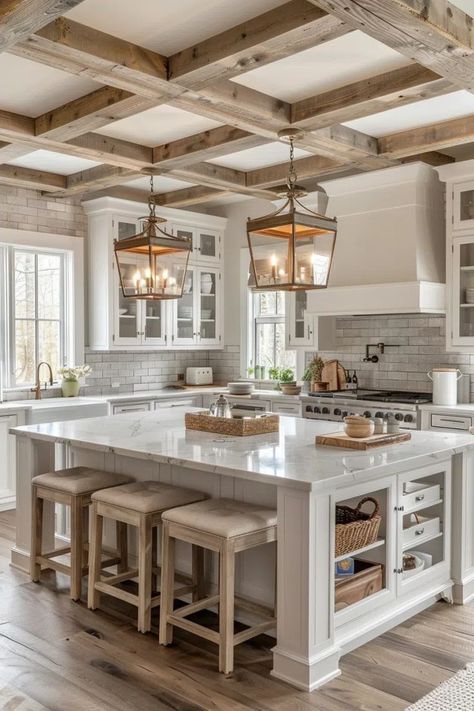 Custom Modern Farmhouse, Barndo Ideas, Kitchen With White Cabinets, Bloxburg Interior, Coastal Farmhouse Kitchen, Kitchen Favorites, 2024 Kitchen, Park Design, Farmhouse Kitchens