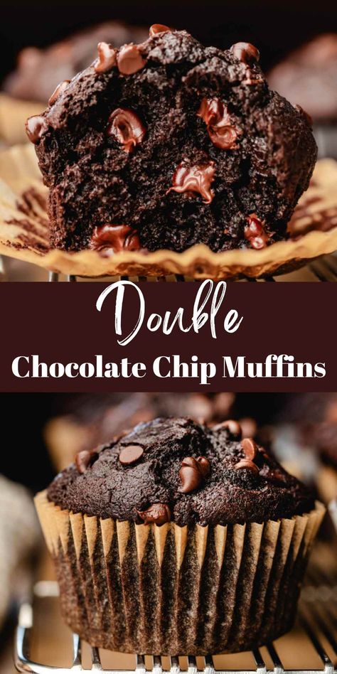 Chocolate Chocolate Chip Muffins, Choc Chip Muffins, Double Chocolate Chip Muffins, Chocolate Muffin Recipe, Double Chocolate Muffins, Dessert Aux Fruits, Muffin Recipe, Chocolate Chocolate, Chocolate Chip Muffins