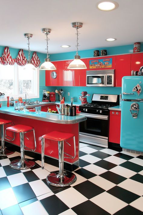 Dive into the latest kitchen design trend with this retro-inspired setup! Bold red and blue hues create a lively atmosphere, perfect for cooking and entertaining. 🍳 Vibrant decor meets functionality in this stylish kitchen. #RetroKitchen #HomeDecor #KitchenDesign 1970s Kitchen Decor, Retro Diner Kitchen Ideas, Red Retro Kitchen, Red House Interior, Disco Kitchen, 70s Interior Design Retro, 60s Lifestyle, Diner Style Kitchen, 50s Diner Kitchen