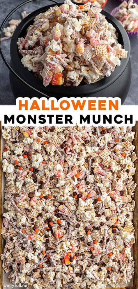 Easy Halloween Chex Mix Recipes, Halloween Popcorn Mix Monster Munch, Halloween Snack Mix Ideas, Monster Munch Popcorn, Munch Mix Recipes, Monster Treats For Kids, Halloween Party Mix Snacks, Halloween Themed Appetizers Easy, Halloween Sweet Treats For Kids