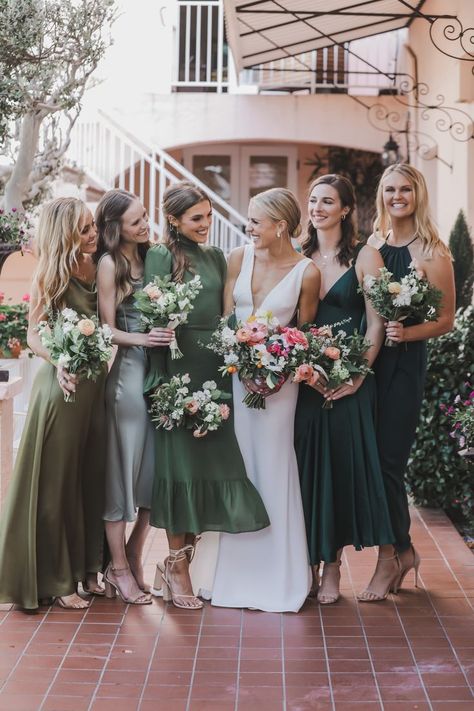 Mixed Green Bridesmaid Dresses, Bridesmaid Dress Shades, Mismatched Green Bridesmaid Dresses, Mixed Bridesmaid Dresses, Bridesmaid Color Palette, Bridesmaid Color, La Jolla Wedding, Kristen Ashley, Winter Bridesmaid Dresses