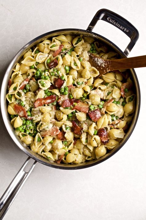 Creamy Pasta Shells with Sweet Peas and Bacon | CucinaByElena Shells Pasta Recipes, Pasta With Peas And Bacon, Peas And Bacon, Shells Pasta, Shell Pasta Recipes, Pasta With Peas, Pasta Varieties, Pasta Salad With Tortellini, Homemade Comfort Food