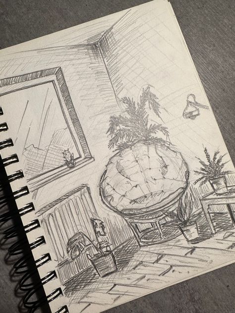 Room Sketches Interior Design Plan, Vintage Aesthetic Sketches, Aesthetic Room Drawing Ideas, Drawing Rooms Sketch, Aesthetic Room Sketch, Corner Of Room Drawing, Closet Sketch Drawing, Cozy Art Drawing, Peaceful Aesthetic Drawing