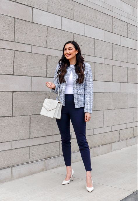 Navy Blue Corporate Outfit, Tweed Office Outfit, Light Blue Tweed Jacket Outfit, Blue Tweed Blazer Outfit, Navy Tweed Jacket Outfit, Black Tweed Blazer Outfit, Blue Tweed Jacket Outfit, Navy Blue Blazer Outfit Women, Presentation Outfit