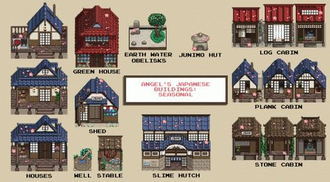 Replaces the vanilla buildings into Japanese Buildings that changes with each season. Also includes animated building and statues, and craftables. Stardew Valley Japanese Farm, Stardew Valley Building Colors, Stardew Valley Buildings, Japanese Stardew Valley, Stardew Japanese House, Stardew Valley Japanese Interior, Stardew Valley Japanese, Modded Stardew Farm, Interior Design Japanese