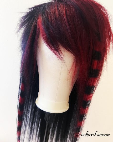 wine red bangs w raccoon tails for @o.fukk 🤌🏻 • #scenehair #scenekid #scenegirl #emo #scene #alternative #altwigs #customwigmaker… | Instagram Red Black Scene Hair, Black Into Red Hair, Emo Hair Dye Stripes, Raccoon Tail Hair Extension, Emo Hair Raccoon Tails, Black And Red Emo Hair, Scene Raccoon Hair, Red And Black Raccoon Tails Hair, Red Raccoon Tail Hair